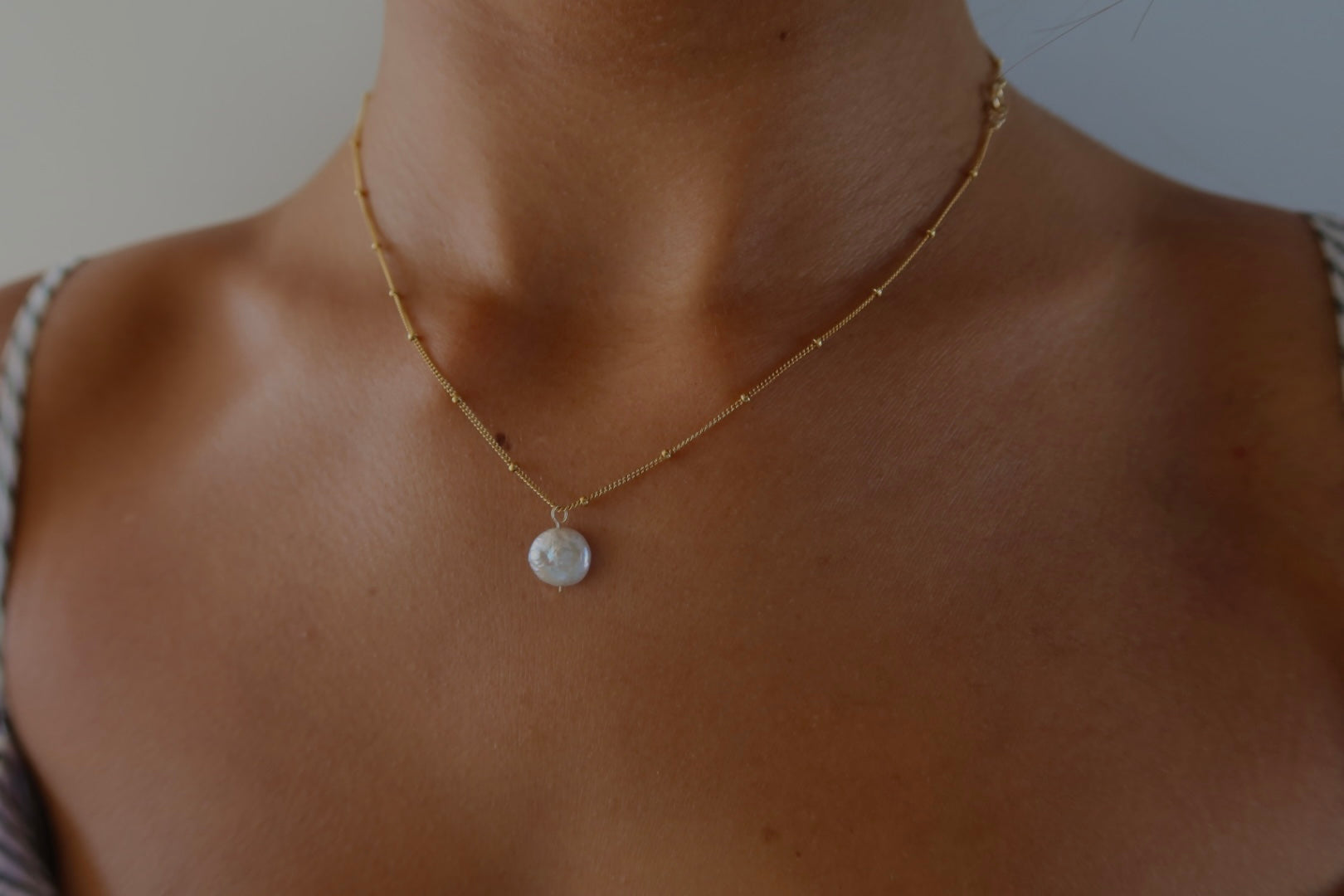 gold filled beaded chain with pearl